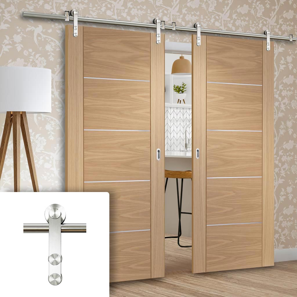 Saturn Tubular Stainless Steel Sliding Track & Portici Oak Flush Double Door - Aluminium Inlay - Prefinished