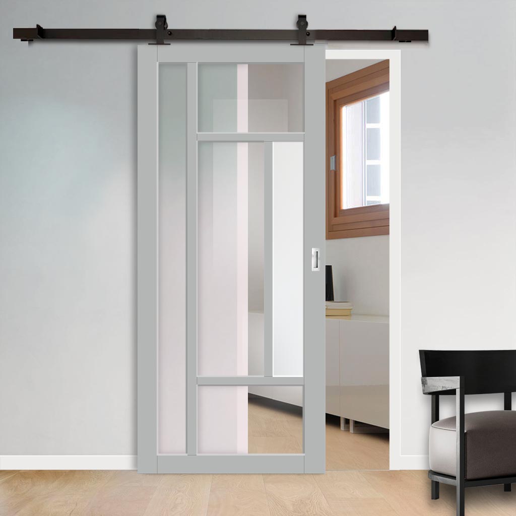 Top Mounted Black Sliding Track & Solid Wood Door - Eco-Urban® Portobello 5 Pane Solid Wood Door DD6438G Clear Glass(1 FROSTED PANE) - Mist Grey Premium Primed