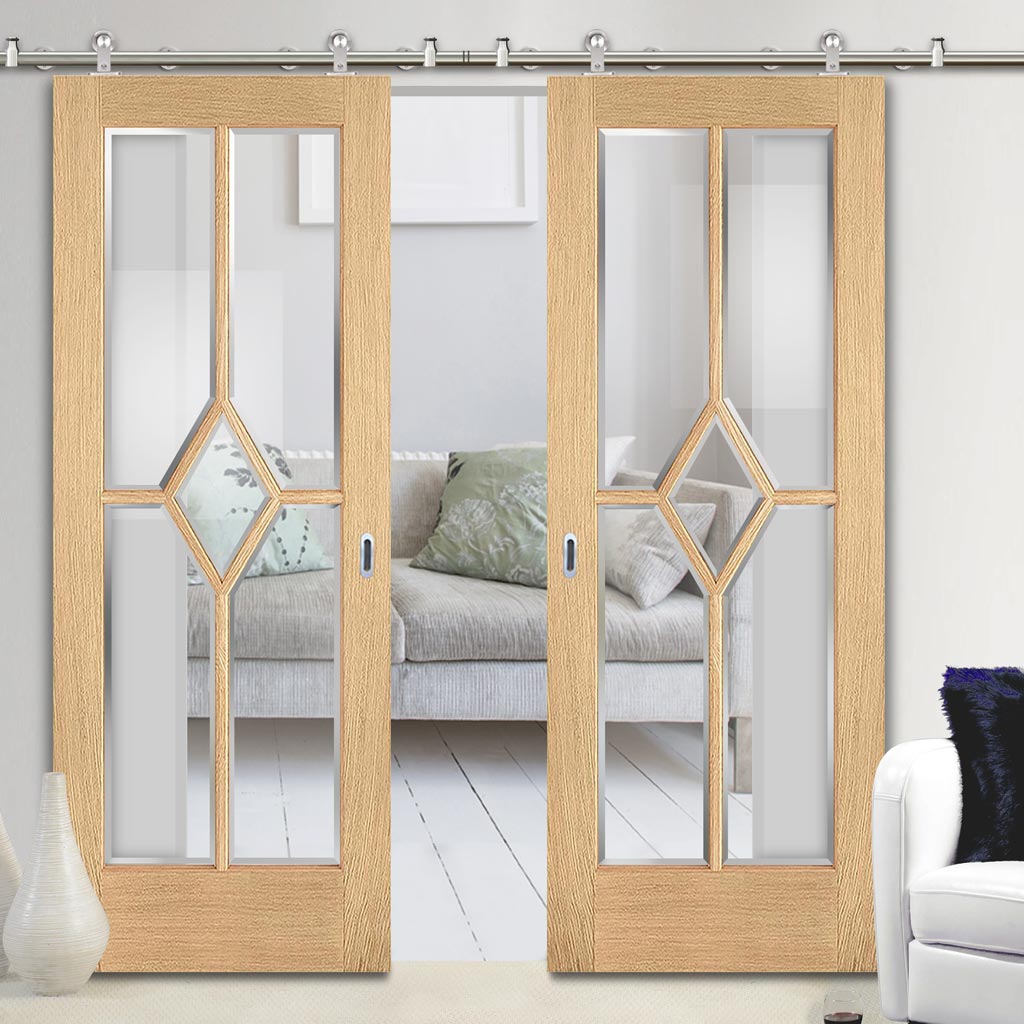 Sirius Tubular Stainless Steel Sliding Track & Reims Diamond 5 Panel Oak Double Door- Clear Bevelled Glass - Prefinished