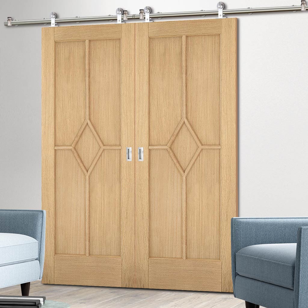 Sirius Tubular Stainless Steel Sliding Track & Reims Diamond 5 Panel Oak Double Door - Prefinished