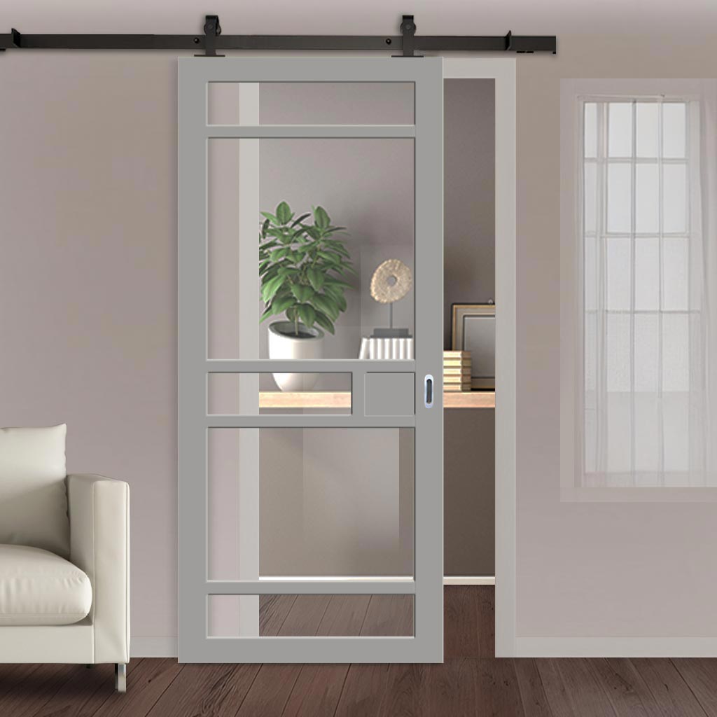 Top Mounted Black Sliding Track & Solid Wood Door - Eco-Urban® Sheffield 5 Pane Solid Wood Door DD6312G - Clear Glass - Mist Grey Premium Primed