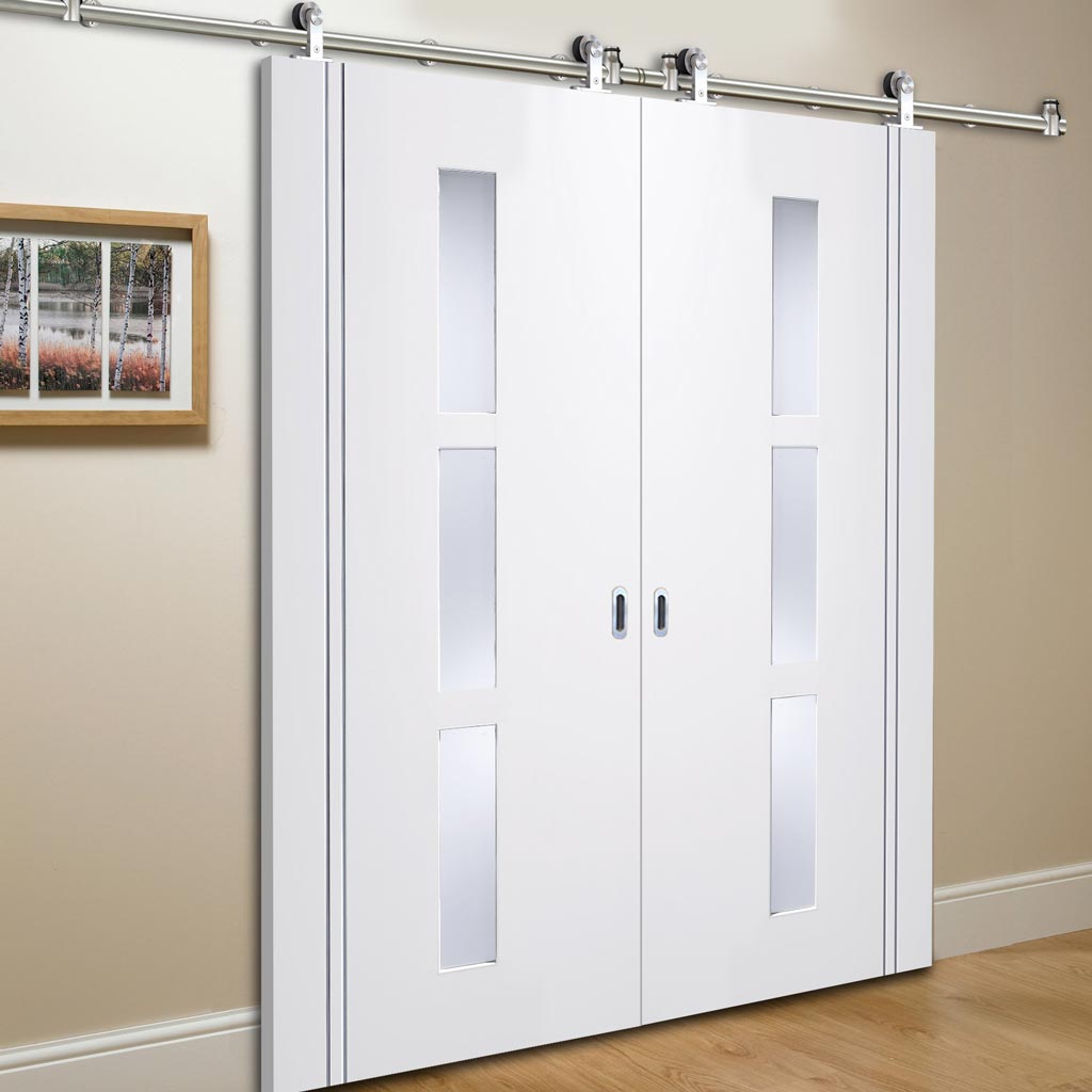 Sirius Tubular Stainless Steel Sliding Track & Sierra Blanco Double Door - Frosted Glass - White Painted