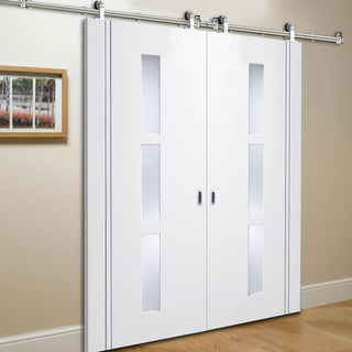 Image: Sirius Tubular Stainless Steel Sliding Track & Sierra Blanco Double Door - Frosted Glass - White Painted