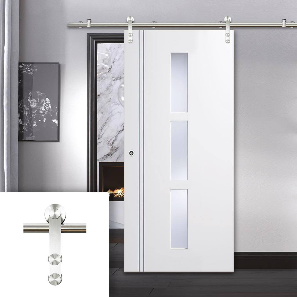 Saturn Tubular Stainless Steel Sliding Track & Sierra Blanco Door - Frosted Glass - White Painted