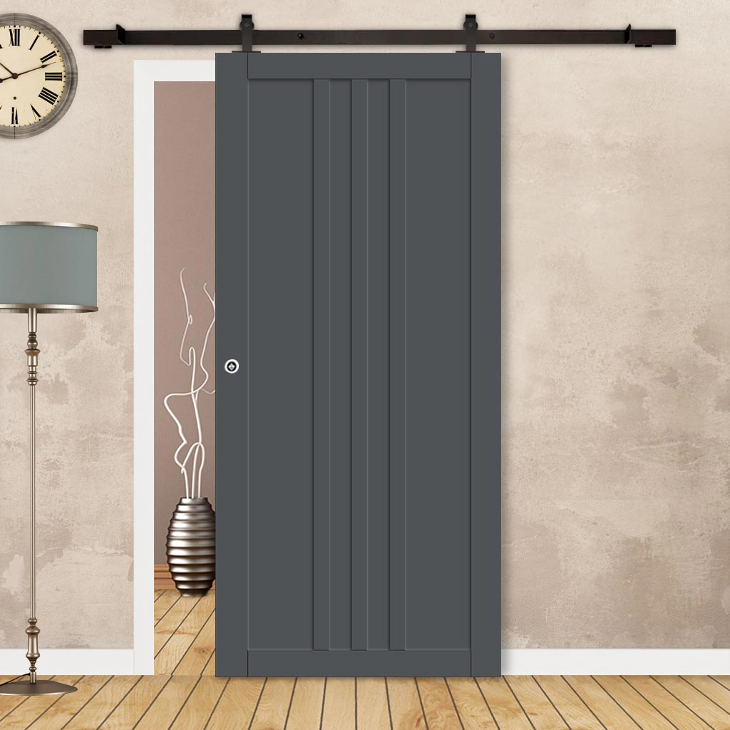 Top Mounted Black Sliding Track & Solid Wood Door - Eco-Urban® Skye 4 Panel Solid Wood Door DD6435 - Stormy Grey Premium Primed