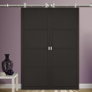 Image: Sirius Tubular Stainless Steel Sliding Track & Soho 4 Panel Double Door - Black Painted - Prefinished