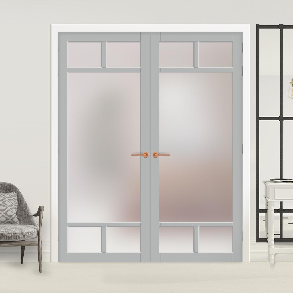 Eco-Urban Sydney 5 Pane Solid Wood Internal Door Pair UK Made DD6417SG Frosted Glass - Eco-Urban® Mist Grey Premium Primed