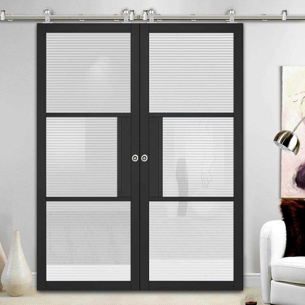 Sirius Tubular Stainless Steel Sliding Track & Tribeca 3 Pane Black Painted Double Door - Clear Reeded Glass