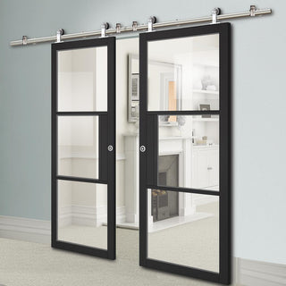 Image: Sirius Tubular Stainless Steel Sliding Track & Tribeca 3 Pane Black Painted Double Door - Clear Glass