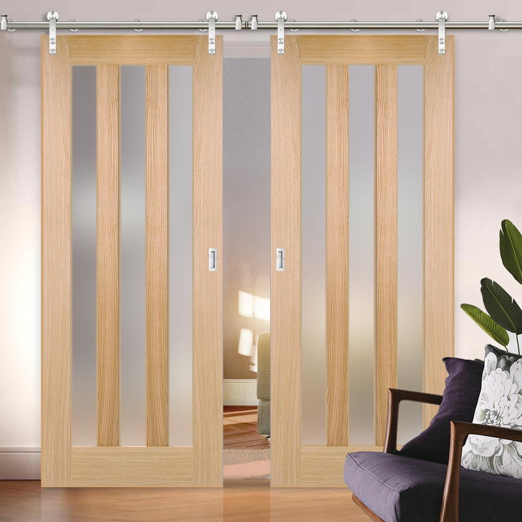 Saturn Tubular Stainless Steel Sliding Track & Utah 3 Pane Oak Double Door - Frosted Glass - Unfinished