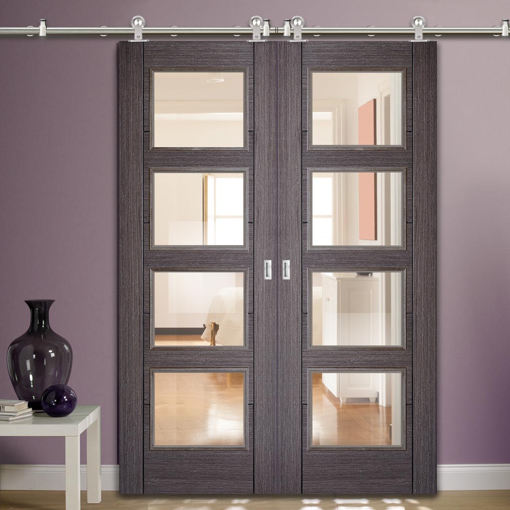 Sirius Tubular Stainless Steel Sliding Track & Vancouver 4 Pane Ash Grey Double Door - Clear Glass - Prefinished