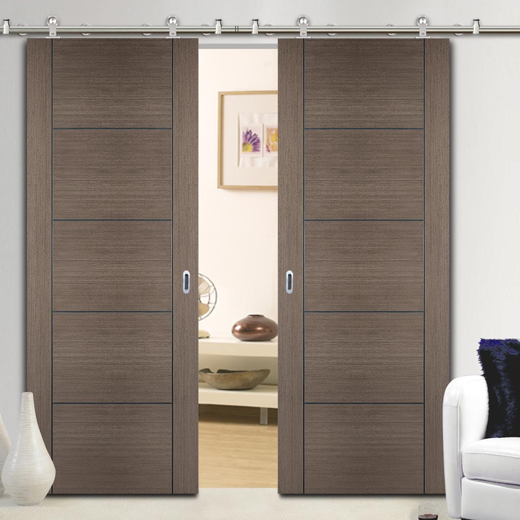 Sirius Tubular Stainless Steel Sliding Track & Vancouver Flush Chocolate Grey Double Door - Prefinished