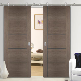 Image: Sirius Tubular Stainless Steel Sliding Track & Vancouver Flush Chocolate Grey Double Door - Prefinished