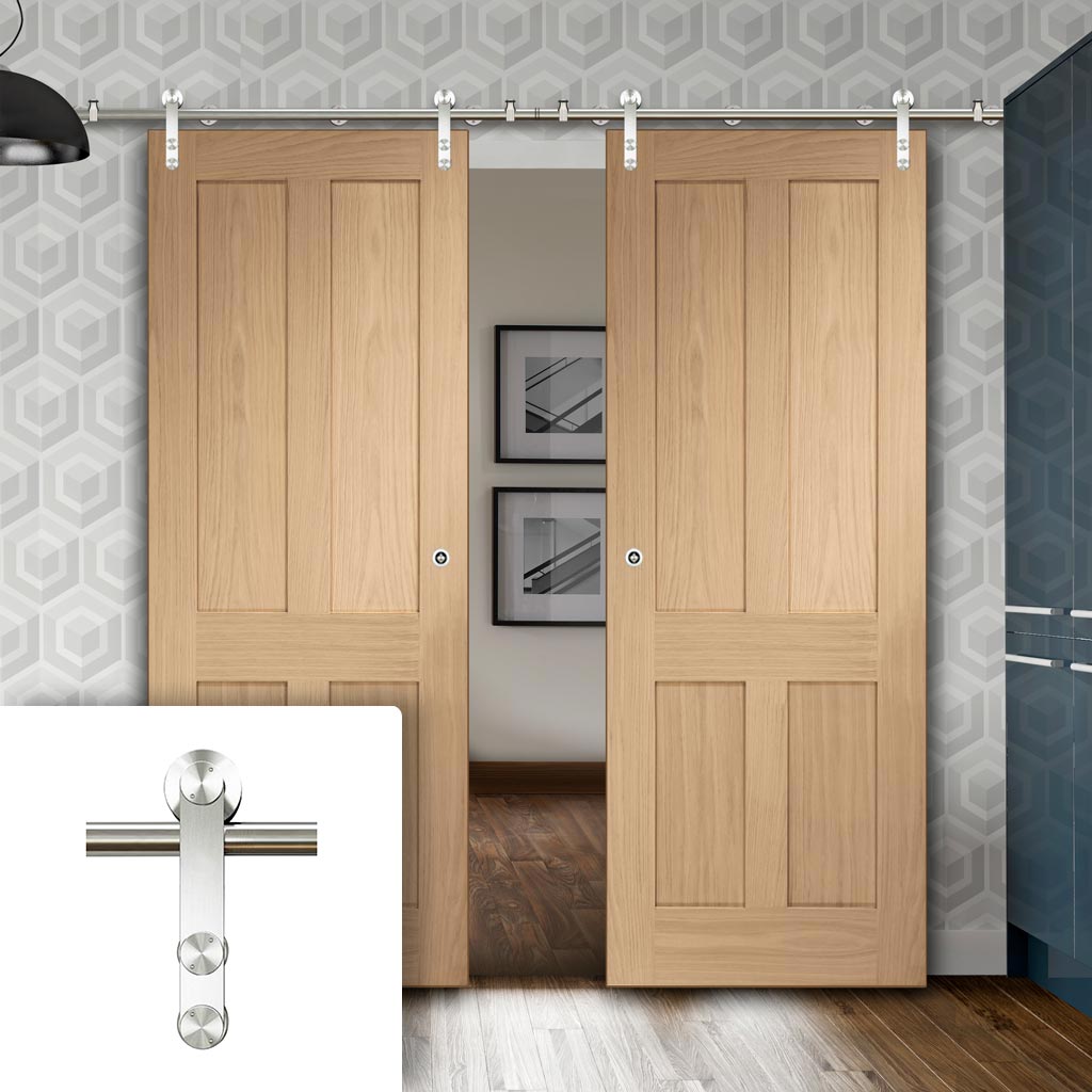 Saturn Tubular Stainless Steel Sliding Track & Victorian Oak 4 Panel Double Door - No Raised Mouldings - Prefinished