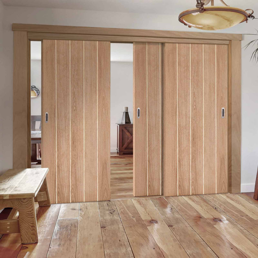 Three Sliding Doors and Frame Kit - Wexford Oak Panel Door - Unfinished