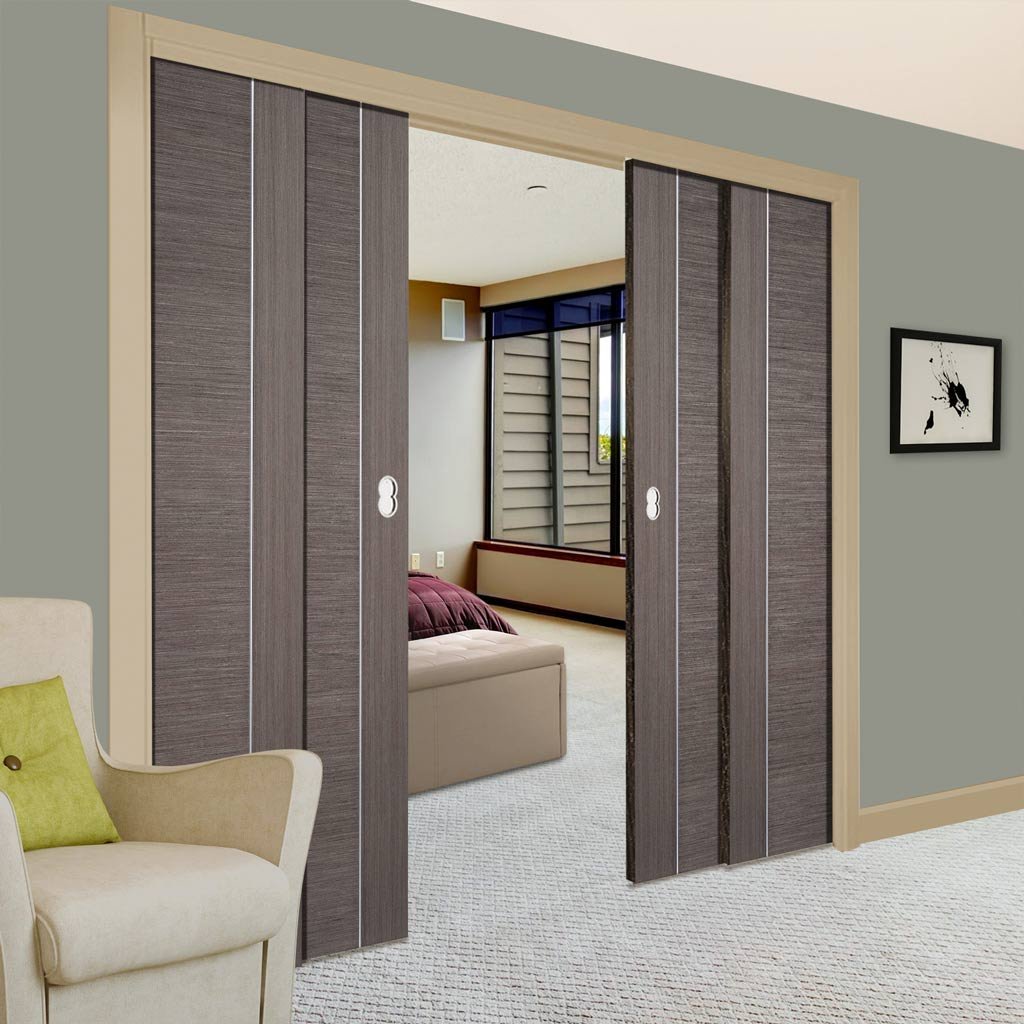 Chocolate Grey Alcaraz Staffetta Quad Telescopic Pocket Doors - Prefinished