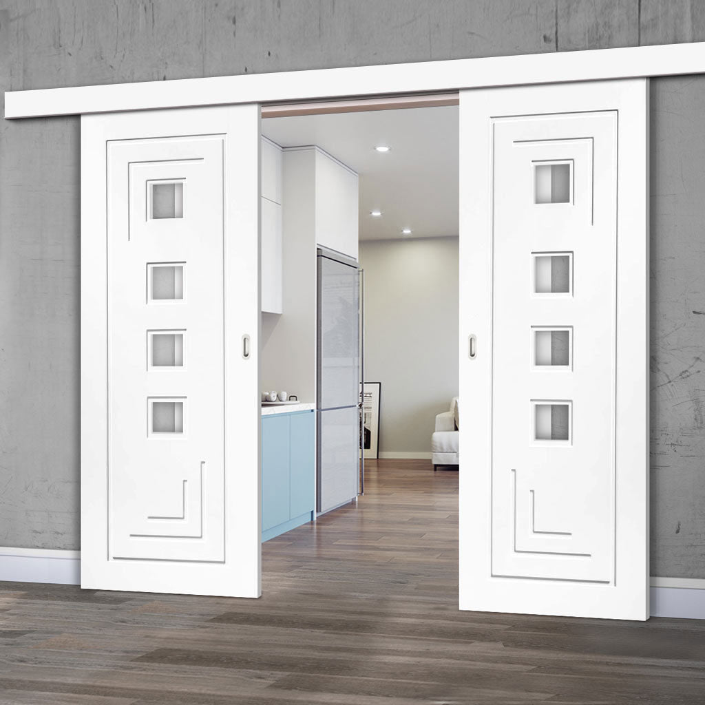 Double Sliding Door & Wall Track - Altino Door - Clear Glass - White Primed