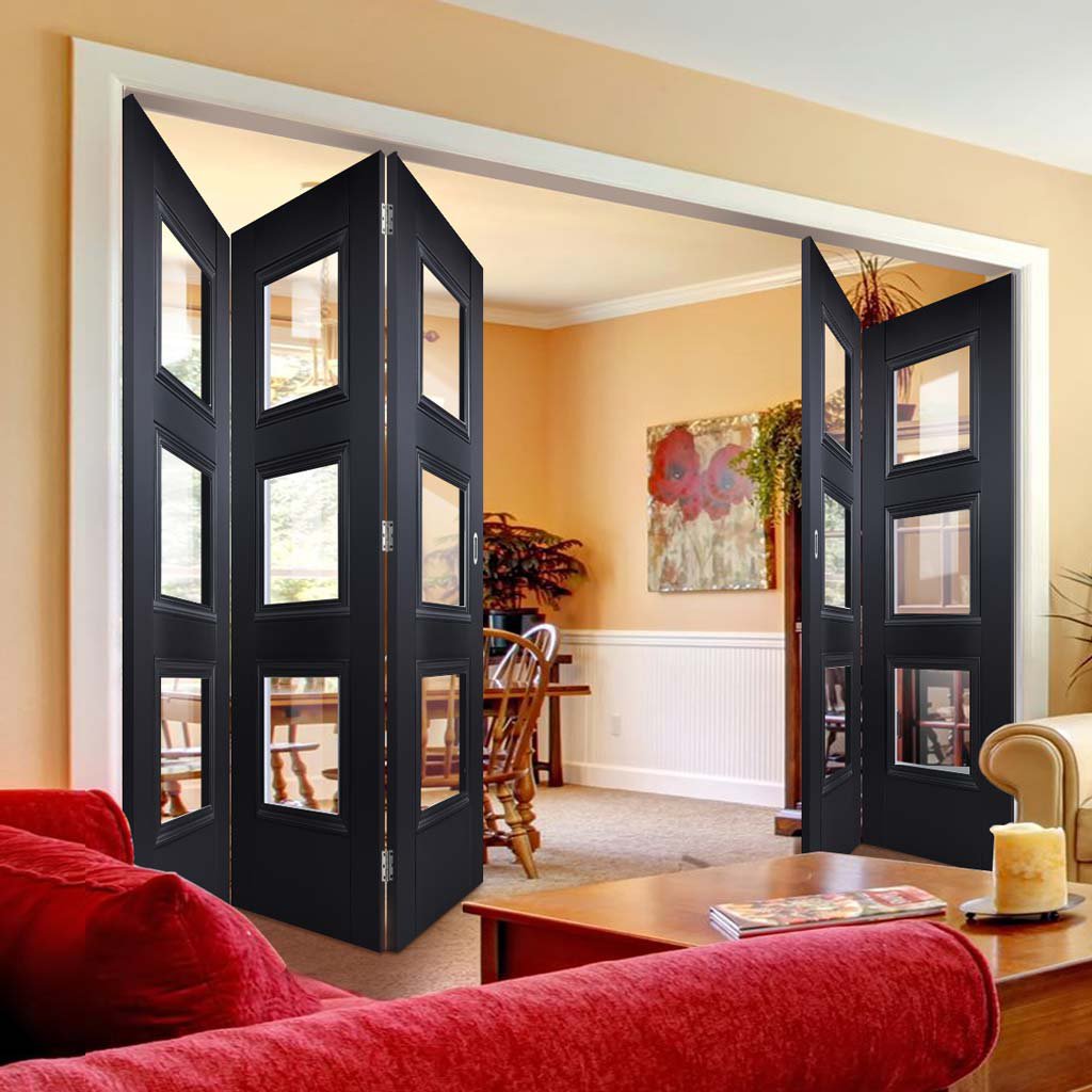 Five Folding Doors & Frame Kit - Amsterdam Black Primed 3+2 - Clear Glass - Unfinished