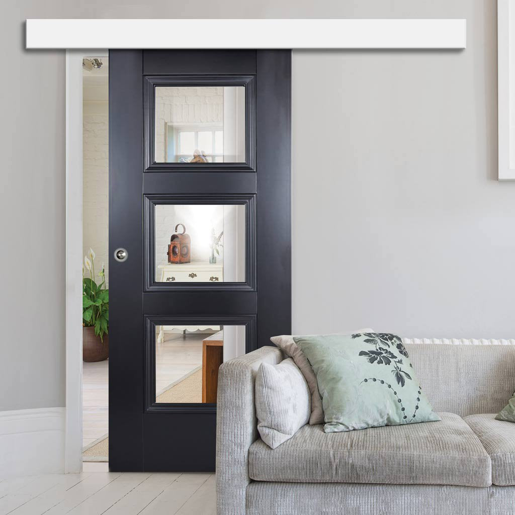 Single Sliding Door & Wall Track - Amsterdam Black Primed Door - Clear Glass - Unfinished