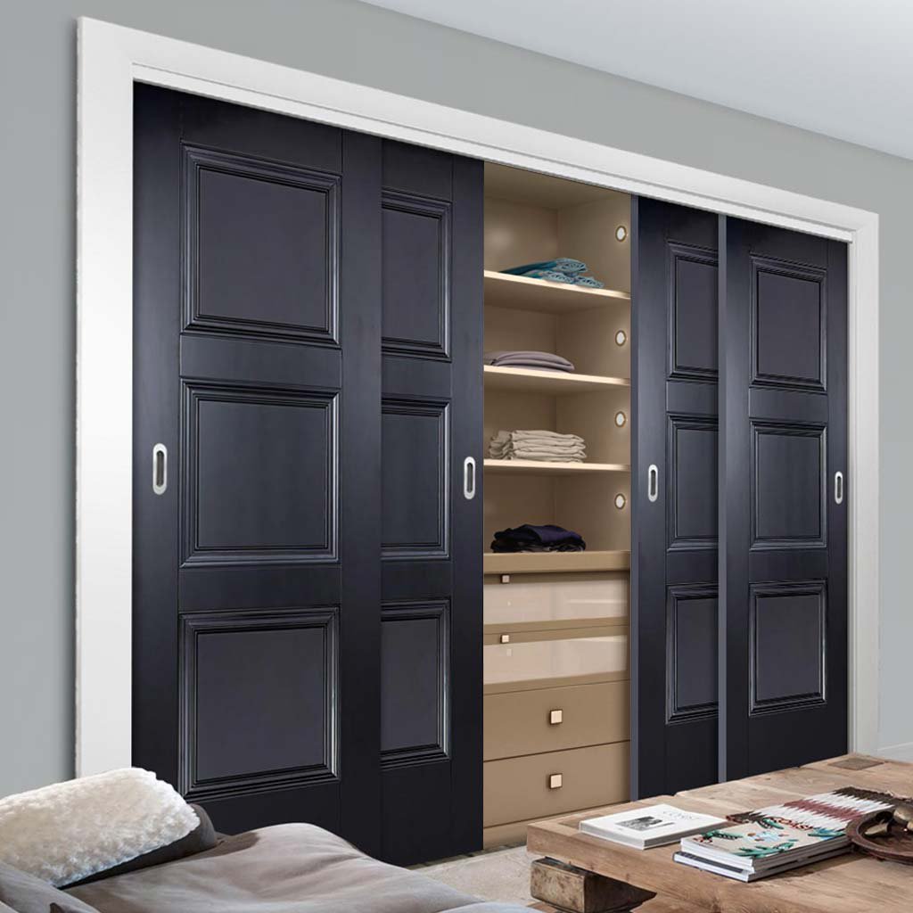 Minimalist Wardrobe Door & Frame Kit - Four Amsterdam 3 Panel Black Primed Doors - Unfinished