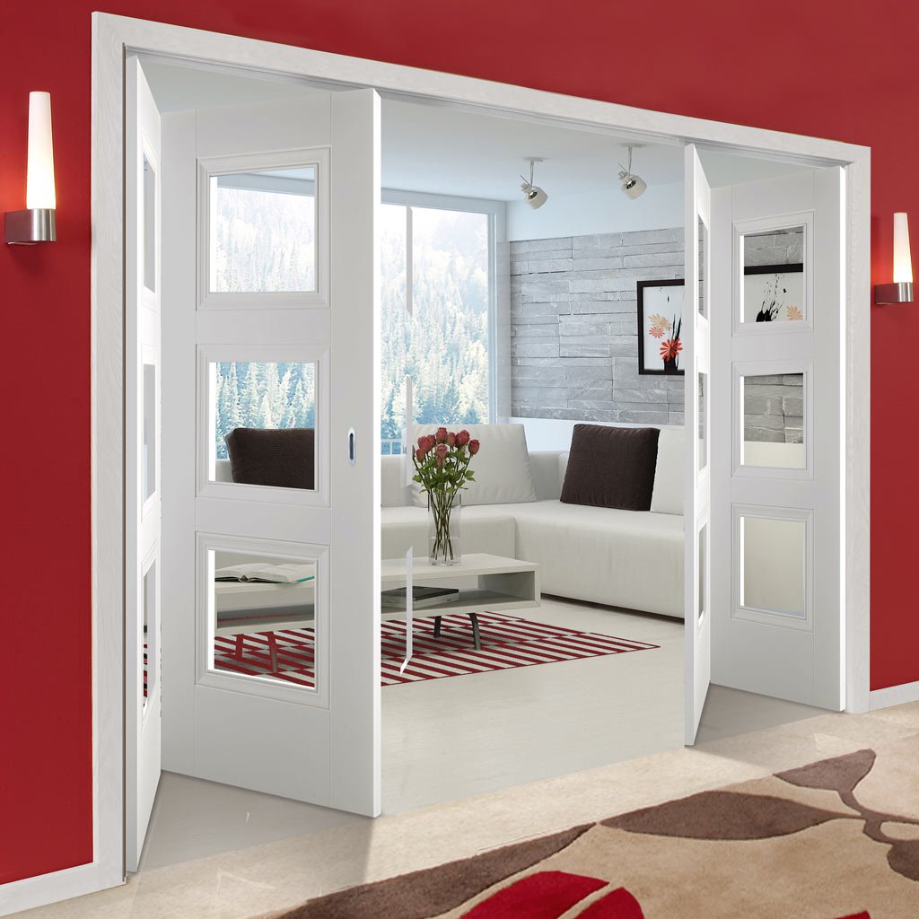 Four Folding Doors & Frame Kit - Amsterdam 3 Panel 2+2 - Clear Glass - White Primed