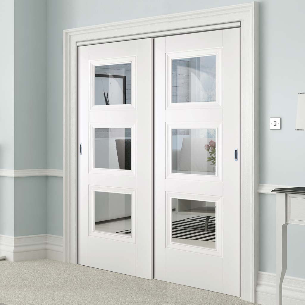 Two Sliding Doors and Frame Kit - Amsterdam 3 Panel Door - Clear Glass - White Primed