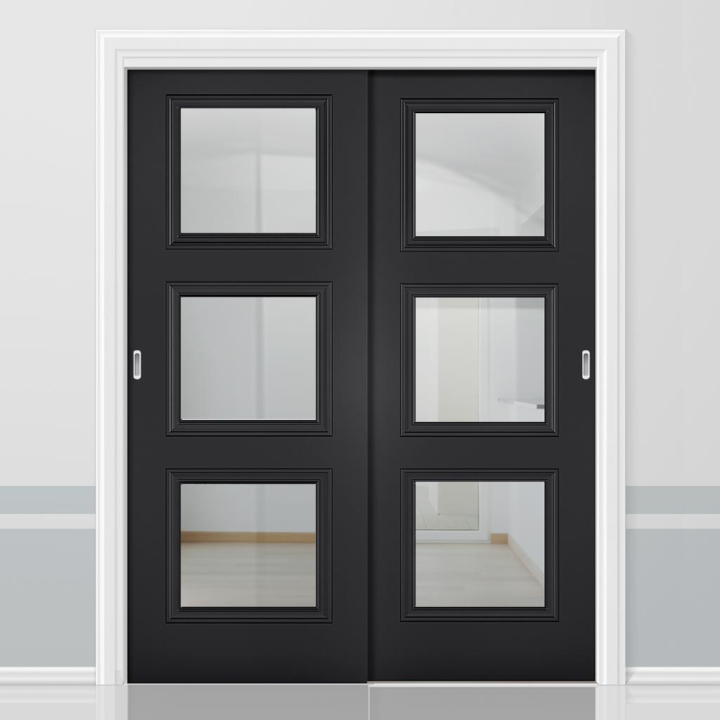 Pass-Easi Two Sliding Doors and Frame Kit - Antwerp 3 Pane Black Primed Door - Clear Glass