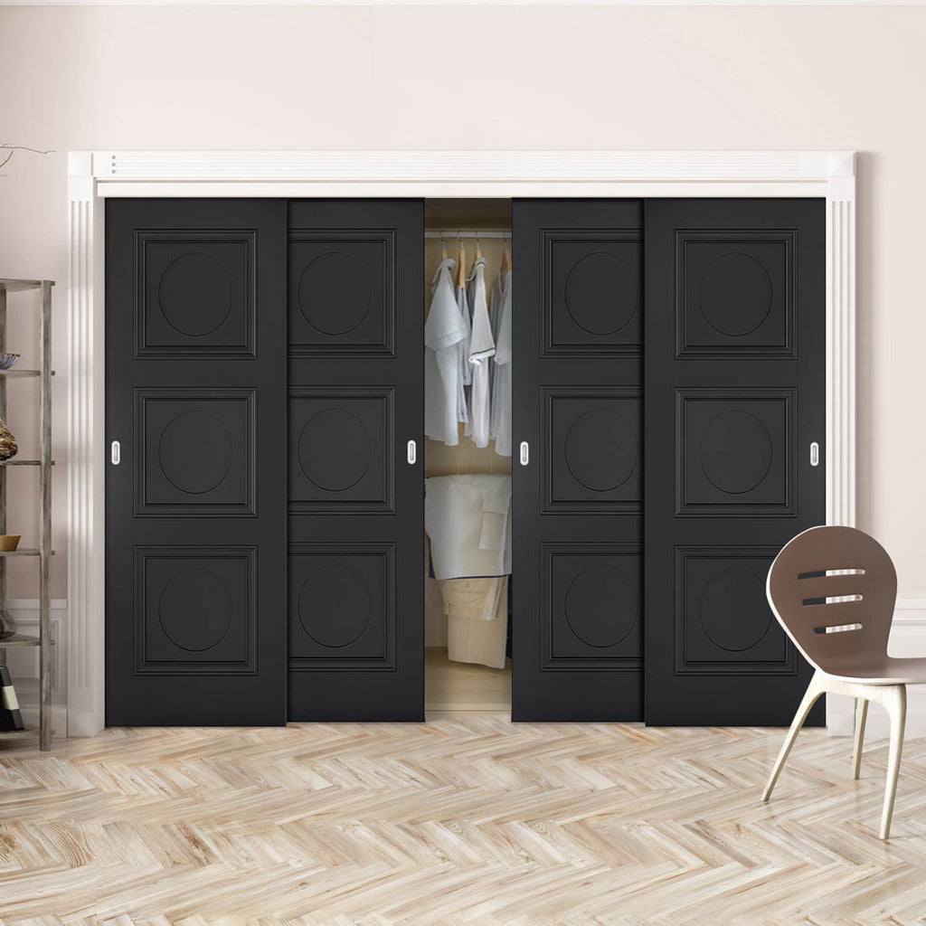 Minimalist Wardrobe Door & Frame Kit - Four Antwerp 3 Panel Black Primed Door