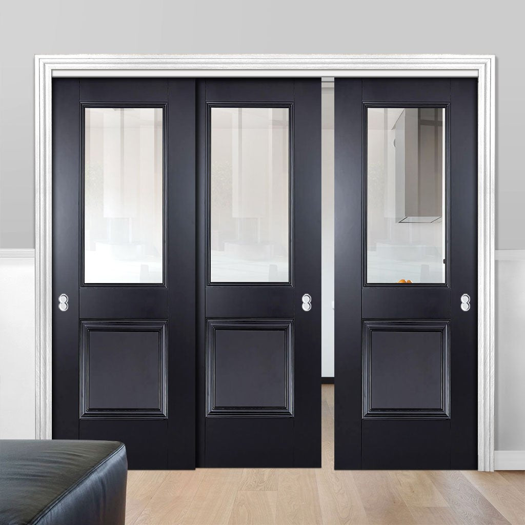 Three Sliding Doors and Frame Kit - Arnhem Black Primed Door - Clear Glass - Unfinished