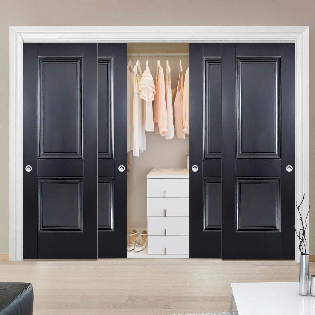 Four Sliding Wardrobe Doors & Frame Kit - Arnhem 2 Panel Black Primed Door - Unfinished