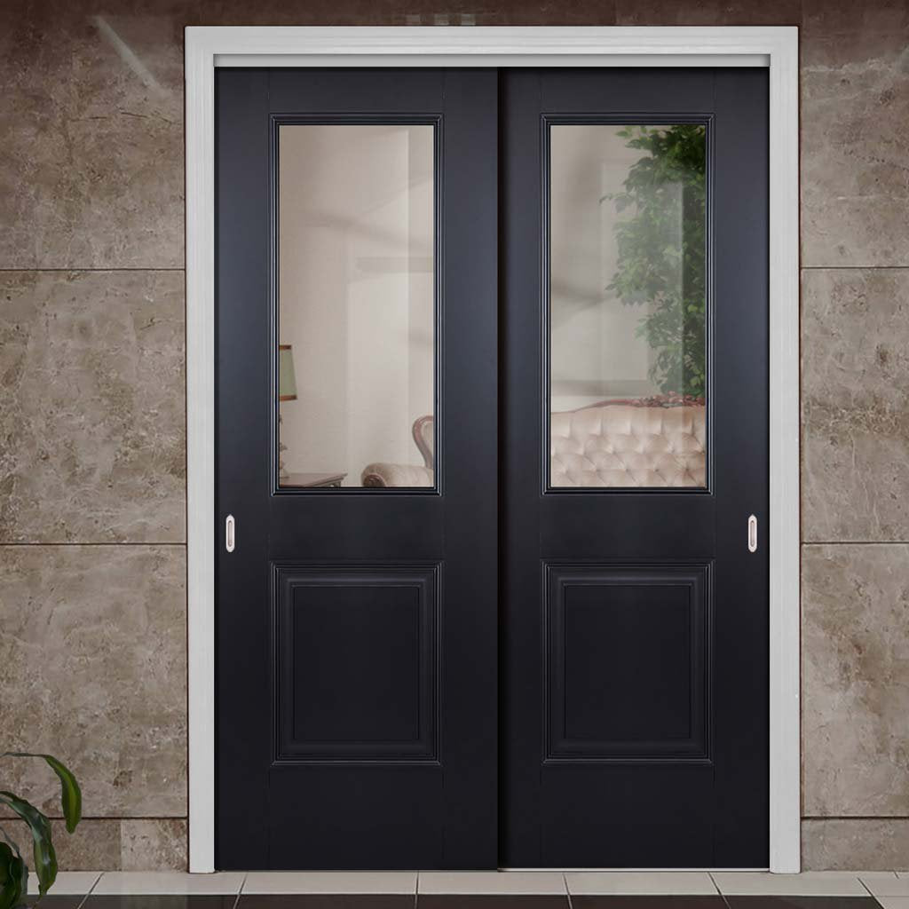 Two Sliding Doors and Frame Kit - Arnhem Black Primed Door - Clear Glass - Unfinished