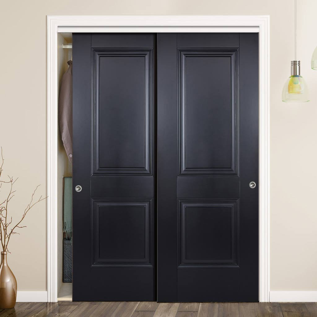 Two Sliding Wardrobe Doors & Frame Kit - Arnhem 2 Panel Black Primed Door - Unfinished