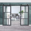 Top Mounted Black Sliding Track & Solid Wood Double Doors - Eco-Urban® Arran 5 Pane Doors DD6432G Clear Glass(2 FROSTED PANES) - Stormy Grey Premium Primed
