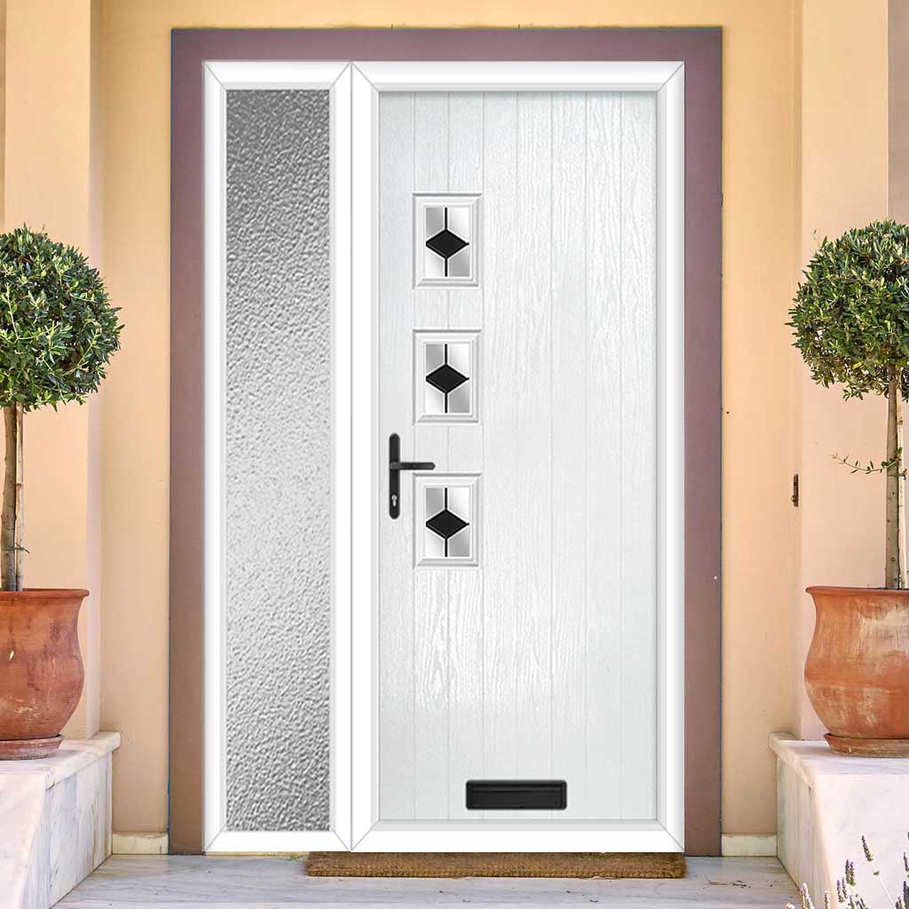 Cottage Style Aruba 3 Composite Front Door Set with Single Side Screen - Hnd Diamond Black Glass - Shown in White