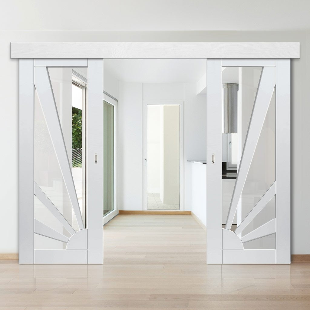 Double Sliding Door & Wall Track - Calypso Aurora White Primed Doors - Clear Glass