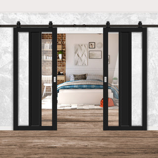 Image: Top Mounted Black Sliding Track & Solid Wood Double Doors - Eco-Urban® Avenue 2 Pane 1 Panel Doors DD6410G Clear Glass - Shadow Black Premium Primed