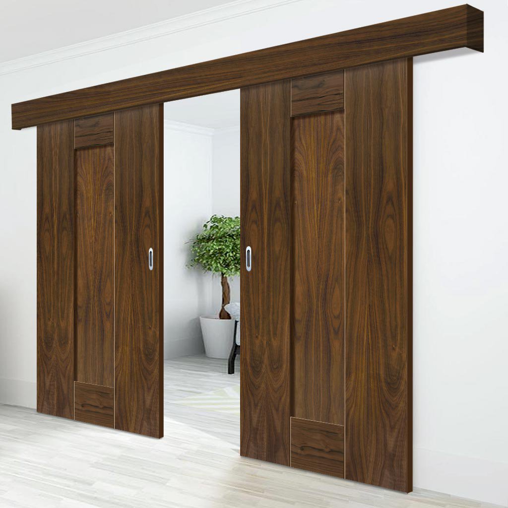 Double Sliding Door & Wall Track - Axis Walnut Shaker Doors - Prefinished