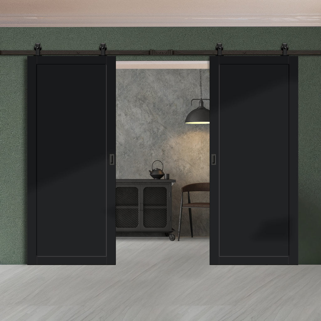 Top Mounted Black Sliding Track & Solid Wood Double Doors - Eco-Urban® Baltimore 1 Panel Doors DD6301 - Shadow Black Premium Primed