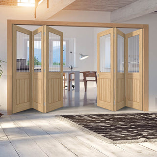 Image: Six Folding Doors & Frame Kit - Belize Oak 3+3 - Silkscreen Etched Glass - Prefinished