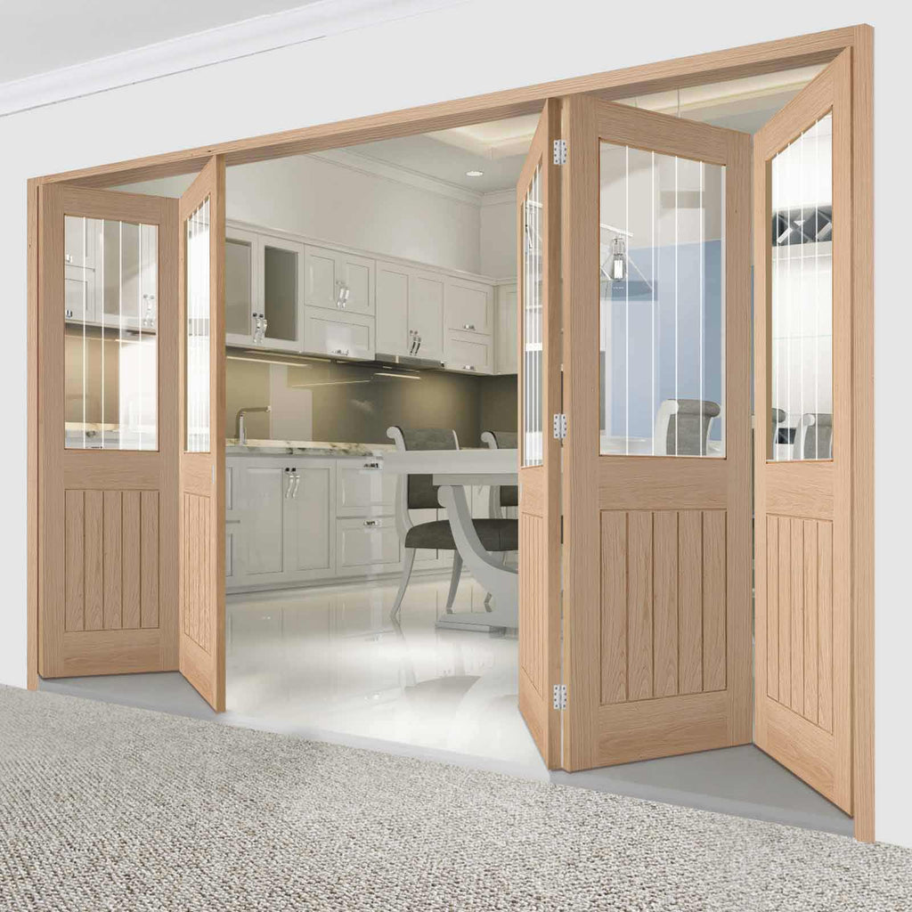 Five Folding Doors & Frame Kit - Belize Oak 3+2 - Silkscreen Etched Clear Glass - Unfinished