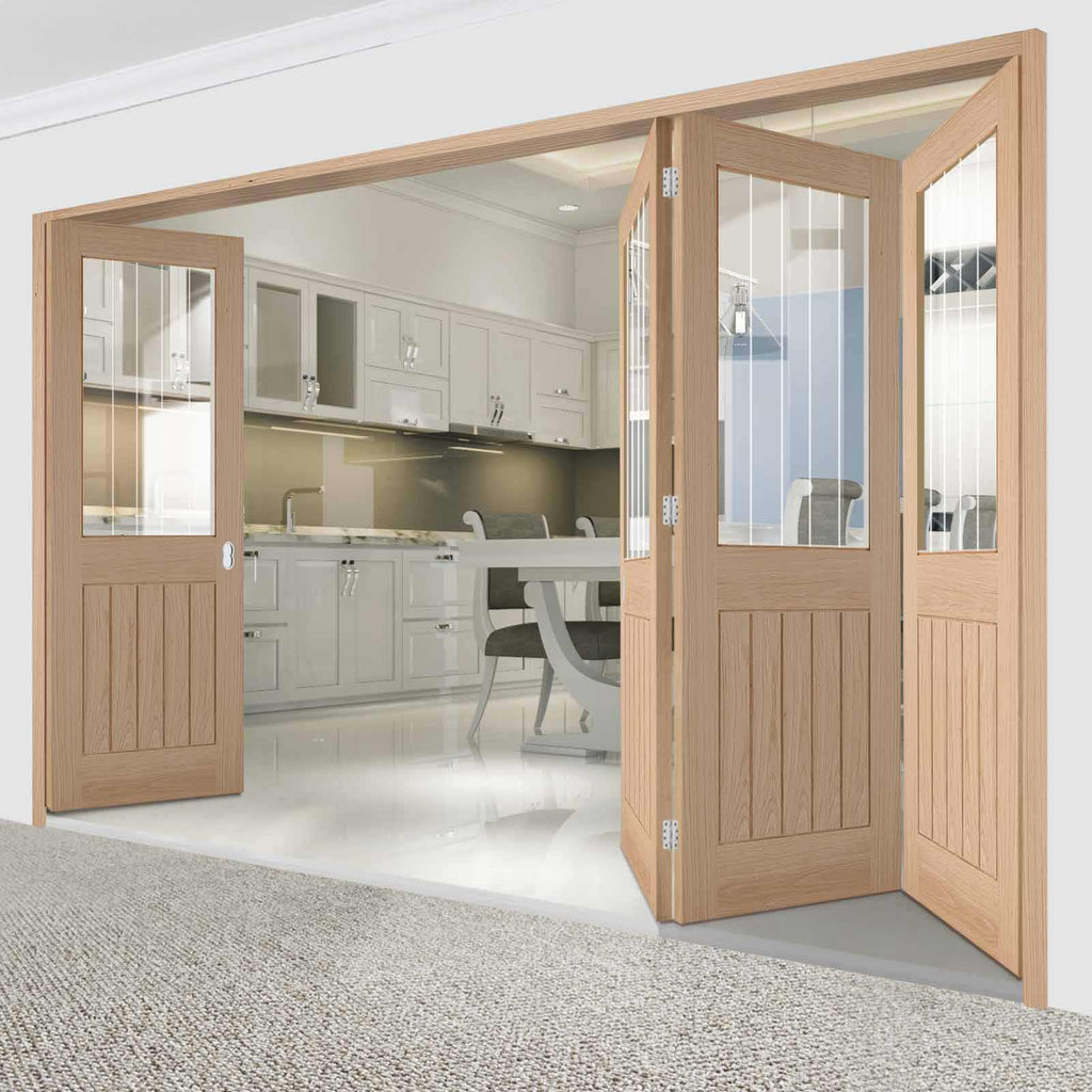 Four Folding Doors & Frame Kit - Belize Oak 3+1 - Silkscreen Etched Clear Glass - Unfinished