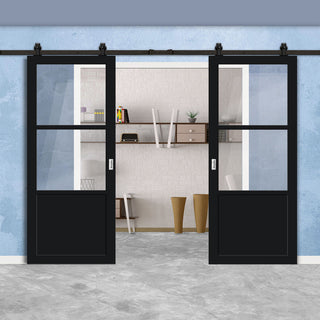 Image: Top Mounted Black Sliding Track & Solid Wood Double Doors - Eco-Urban® Berkley 2 Pane 1 Panel Doors DD6309G - Clear Glass - Shadow Black Premium Primed