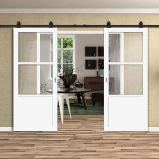 Image: Top Mounted Black Sliding Track & Solid Wood Double Doors - Eco-Urban® Berkley 2 Pane 1 Panel Doors DD6309G - Clear Glass - Cloud White Premium Primed