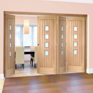 Image: Bespoke Thrufold Contemporary Suffolk Oak 4 Pane Glazed Folding 3+1 Door