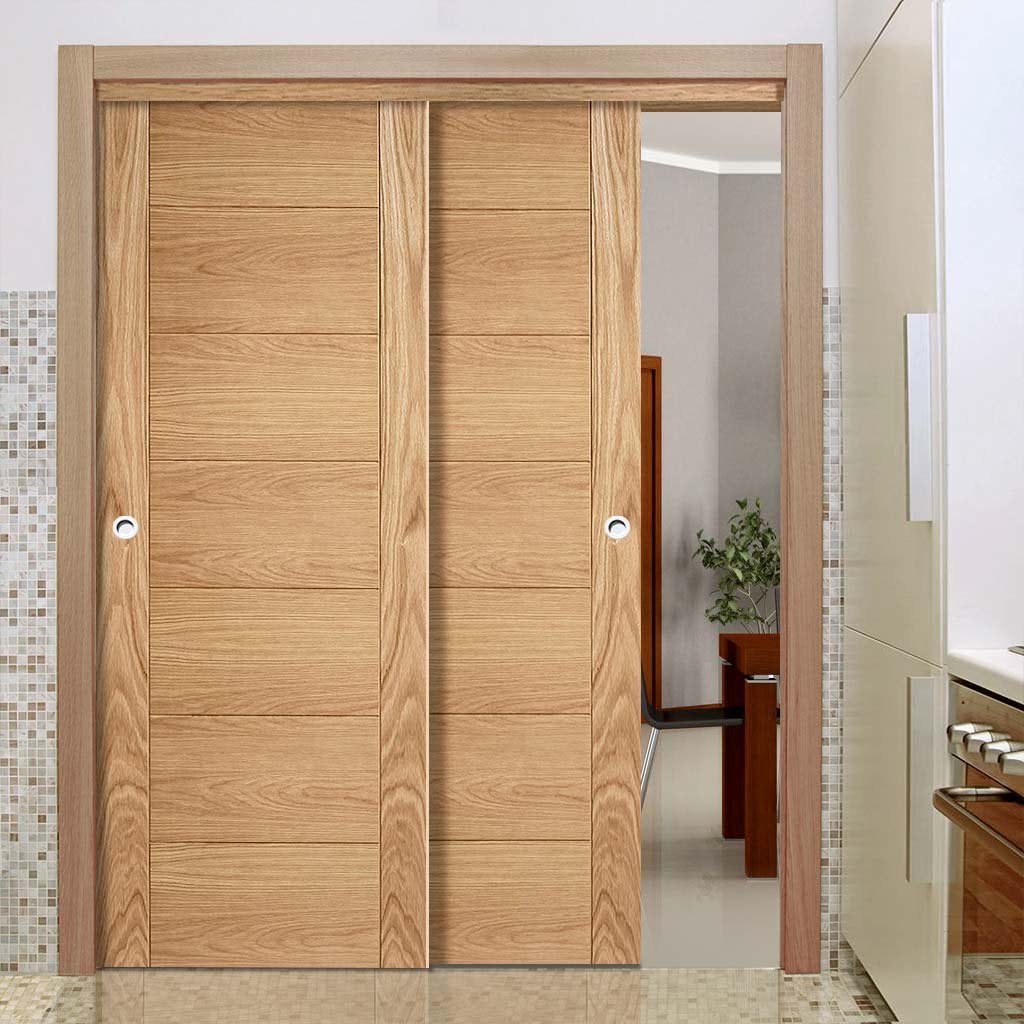 Bespoke Thruslide Carini 7 Panel Oak Flush Door - 2 Sliding Doors and Frame Kit - Prefinished