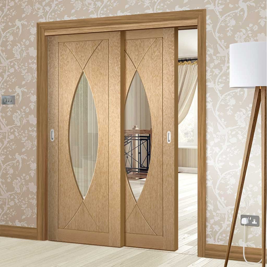 Bespoke Thruslide Pesaro Oak Glazed - 2 Sliding Doors and Frame Kit - Prefinished