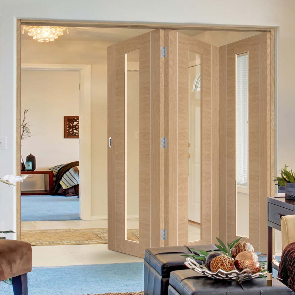 Bespoke Thrufold Forli Oak Glazed Folding 3+0 Door - Aluminium Inlay - Prefinished