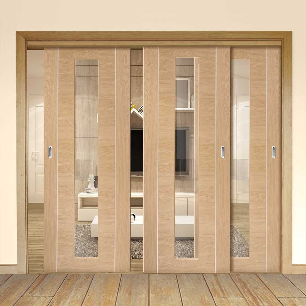 Bespoke Thruslide Forli Oak Glazed - 3 Sliding Doors and Frame Kit - Aluminium Inlay - Prefinished