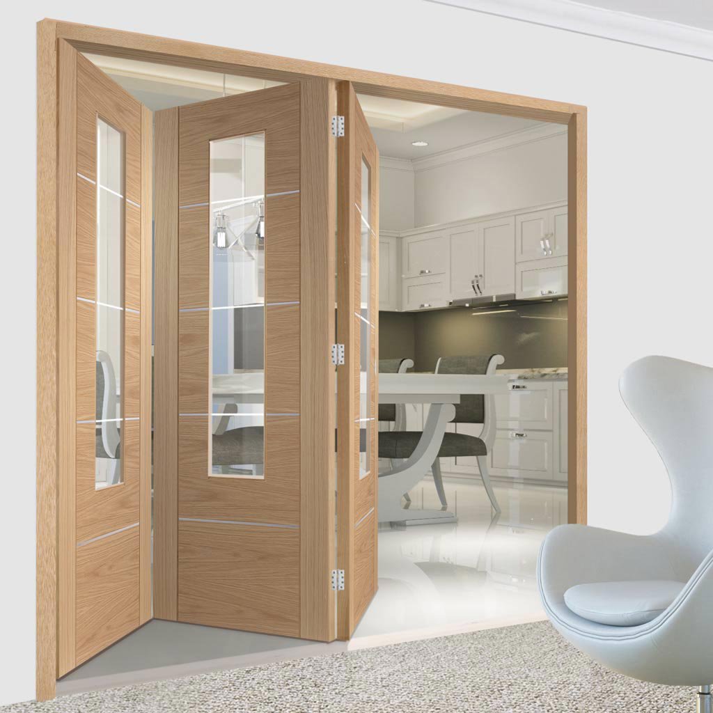 Bespoke Thrufold Portici Oak Glazed Folding 3+0 Door - Aluminium Inlay - Prefinished