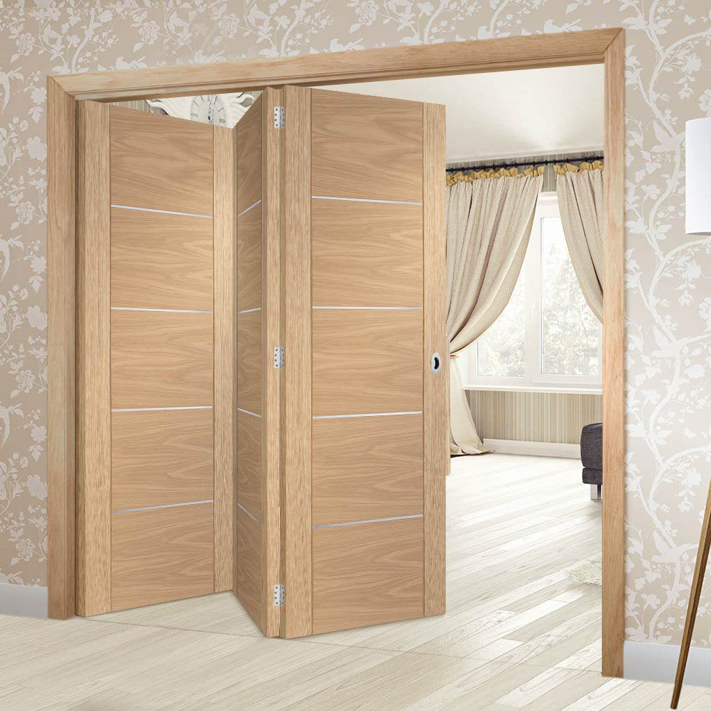 Bespoke Thrufold Portici Oak Flush Folding 3+0 Door - Aluminium Inlay - Prefinished